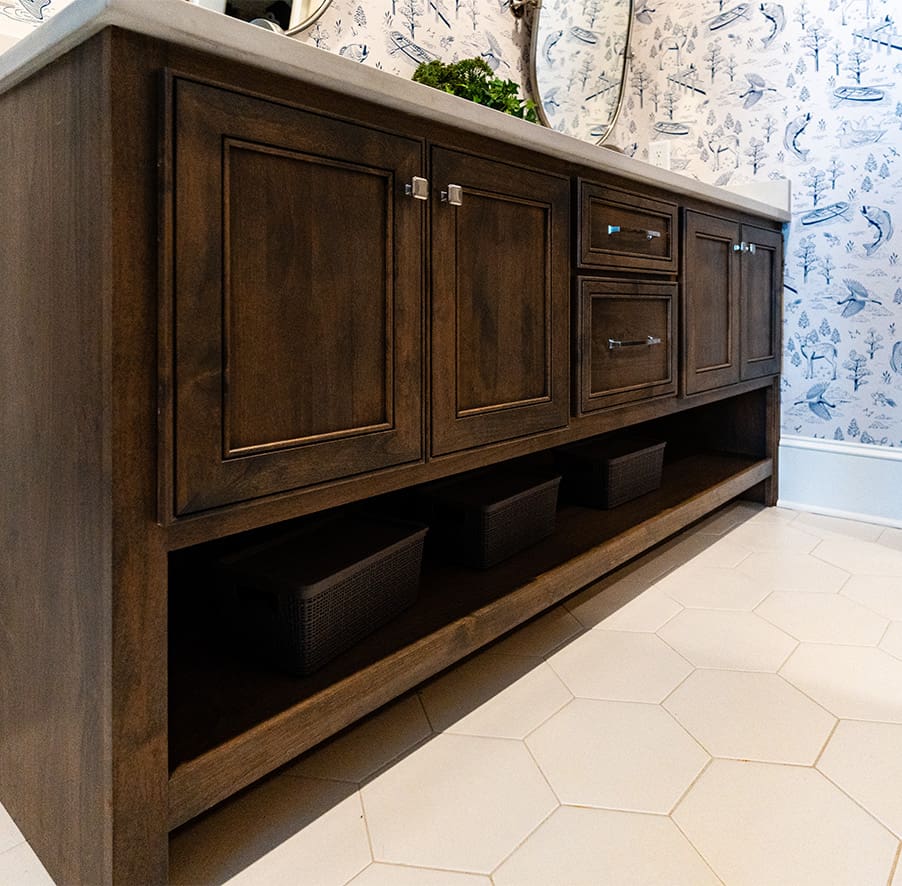 A spectacular wooden bathroom vanity designed and built by Fred’s Cabinet Shop. Fred's has spent over 50 years perfecting a process that makes creating your custom cabinets simple, stress-free, and enjoyable.